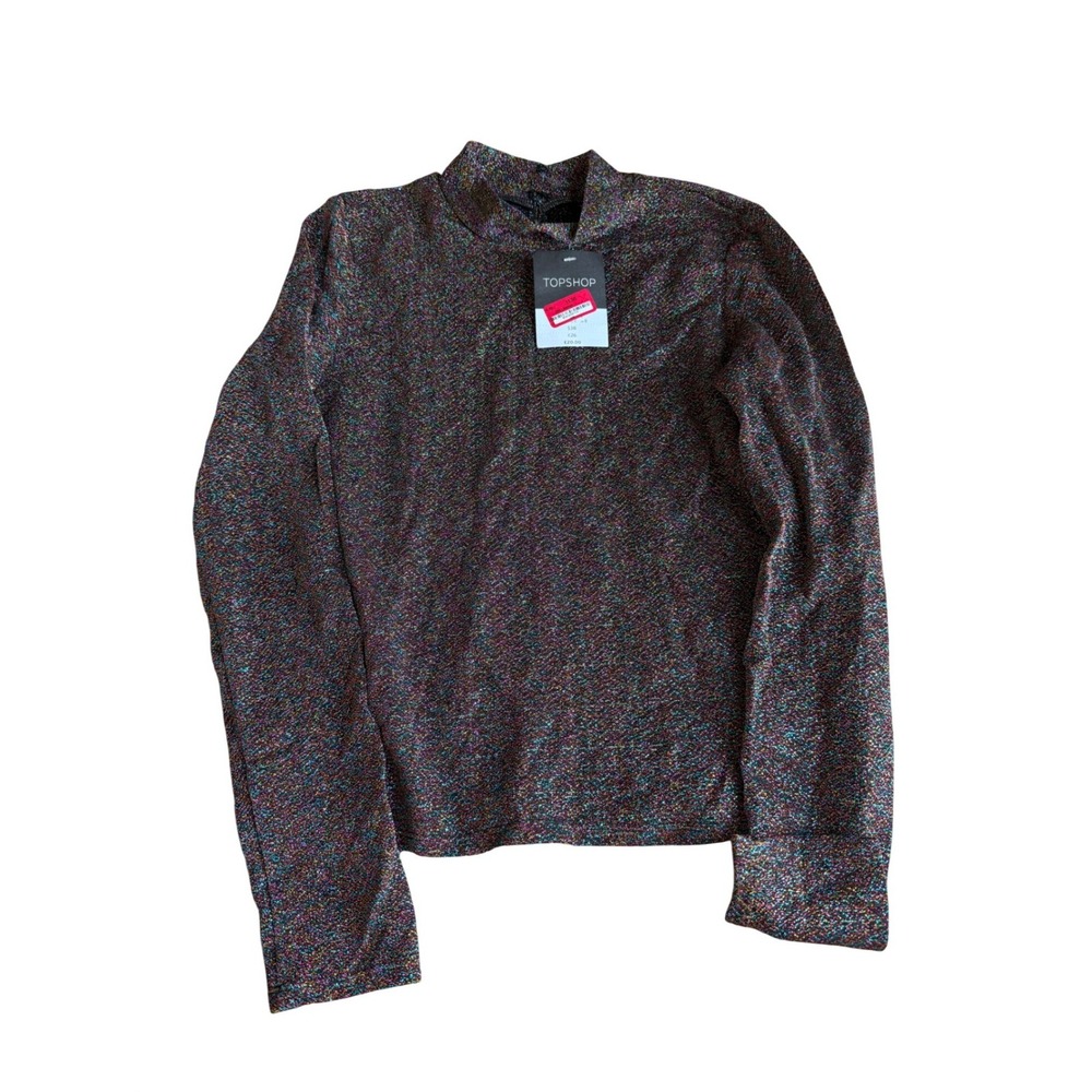Topshop Womens Multi Color Rainbow Glitter Mock Neck Long Sleeve Top Size 4 NEW